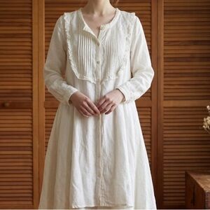 Paper Lace Ivory Button-Front Cotton Tunic Lagenlook Dress with Pintuck Bib